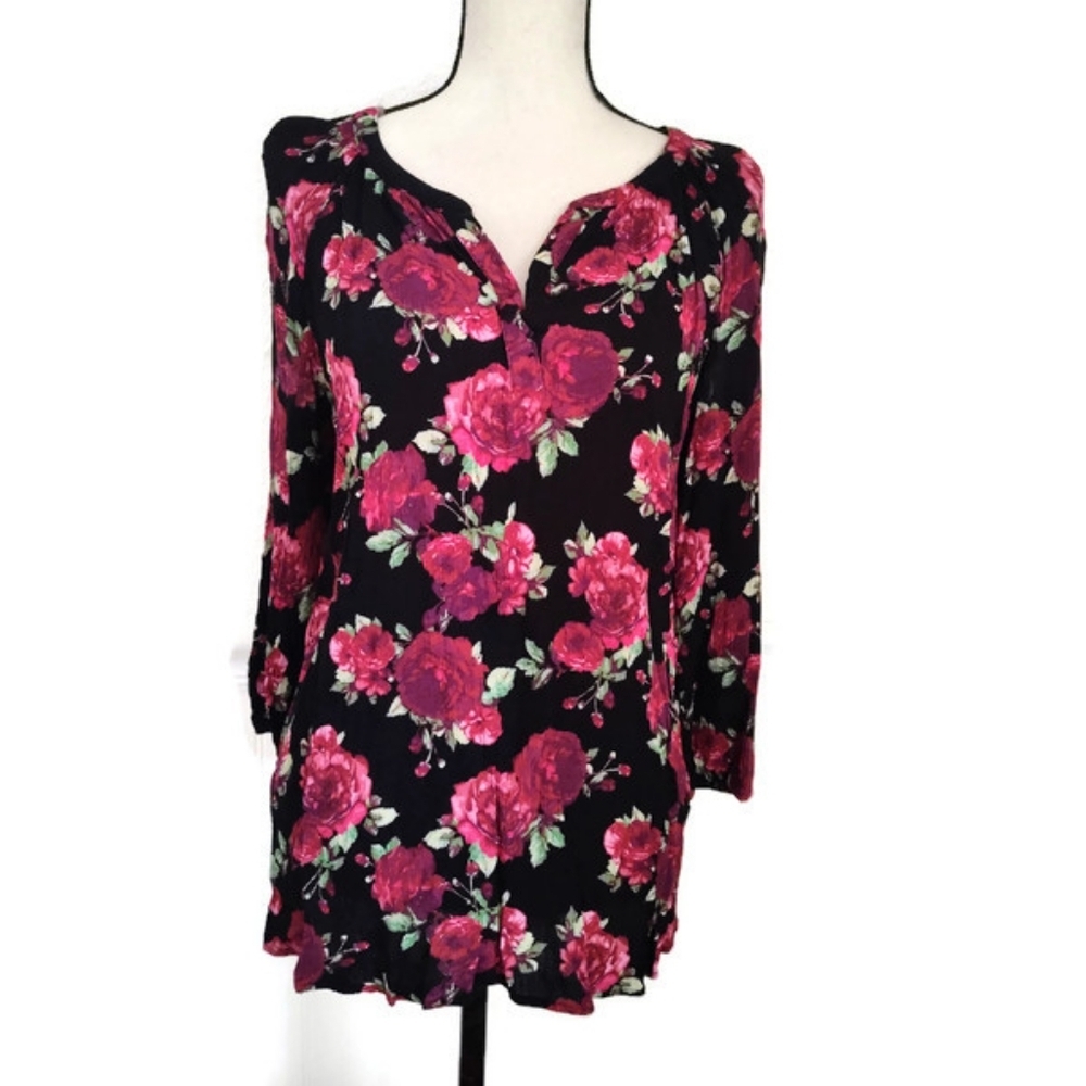 Floral Black & Red & Pink Feminine Roses Size Large - Picture 1 of 3